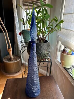 Empoli Italian Vintage MCM Blue Wave Art Glass Decanter Genie Bottle 22"